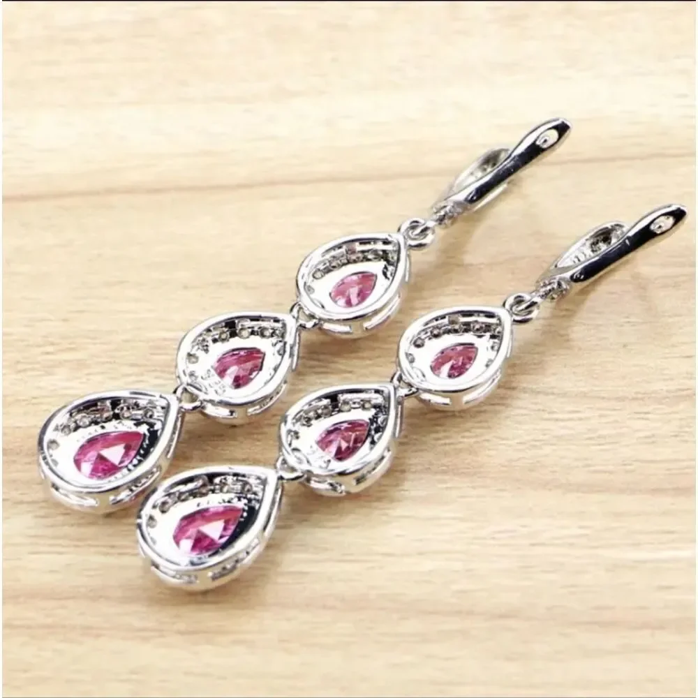 Pink Sapphire Silver Drop Dangle Earrings